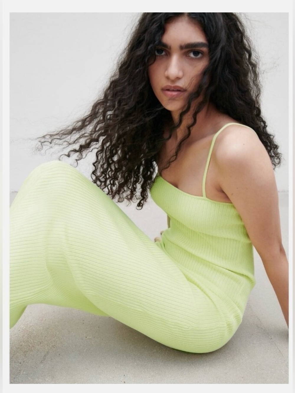 Zara Lime Ribbed Spaghetti-Strap Maxi Dress